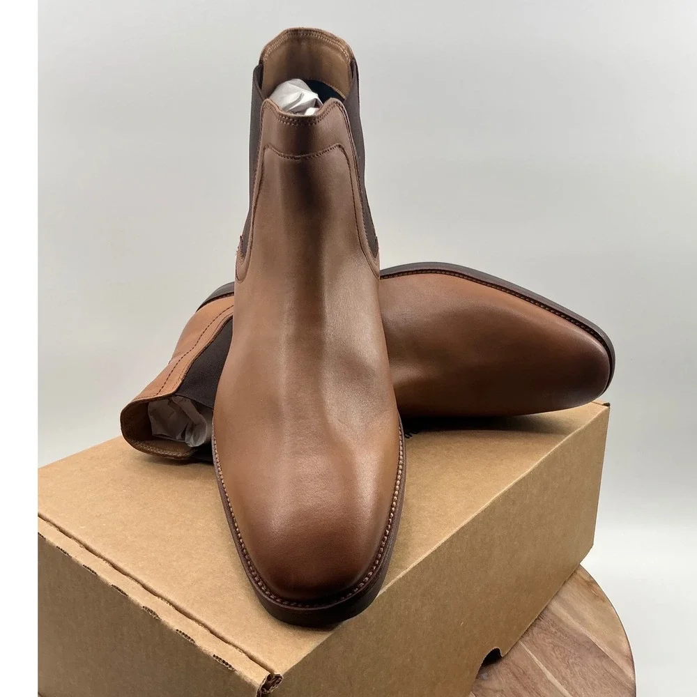 Johnston & Murphy Mens Tan Leather Chelsea Boots Burnished Almond Toe Pull On